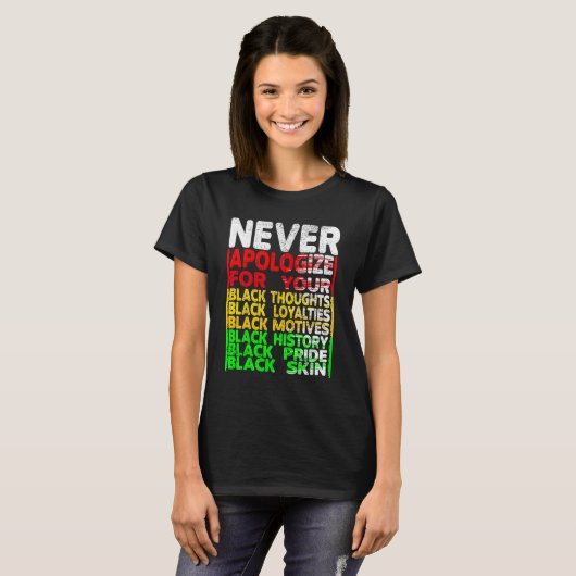 Never Say Black History Month BLMメラニンPr Tシャツ (正面フル)