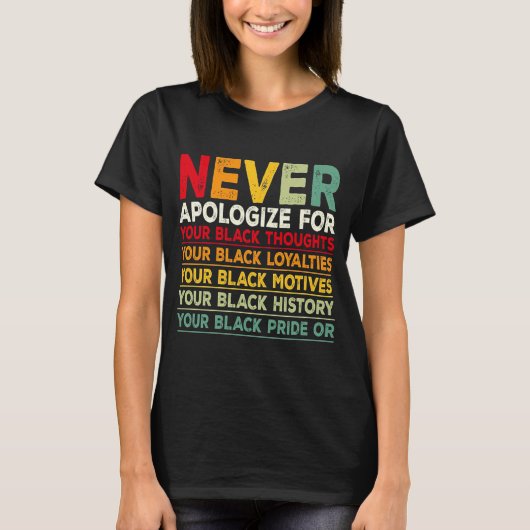 Never Say Black History Month BLMメラニンPr Tシャツ (正面)