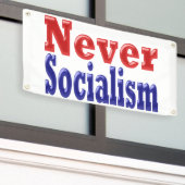 Never Socialism with red blue文字 横断幕 (ビルの外側)