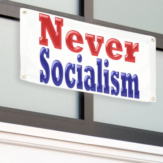 Never Socialism with red blue文字 横断幕 (ビルの外側)