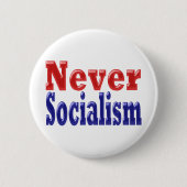 Never Socialism with red blue text 缶バッジ (正面)