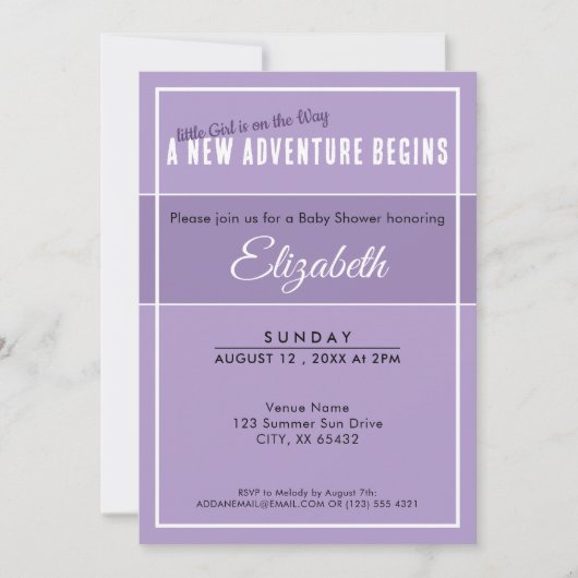 New Adventure Begins Purple Babyshower Invitation 招待状 (正面)