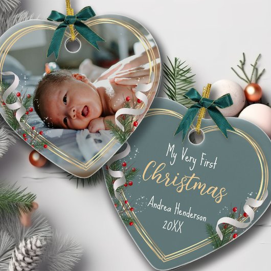 New Baby 1st Xmas Holly & Pine Gold Frame Photo  セラミックオーナメント