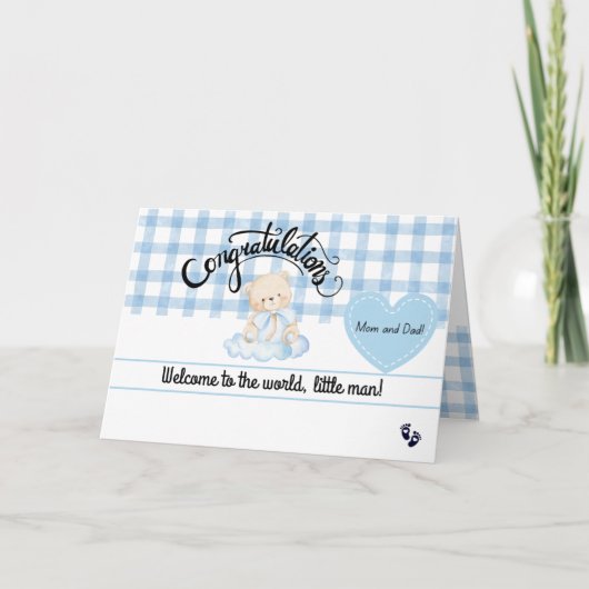 New Baby Boy Congratulations Card, Cute Blue Bear カード (正面)