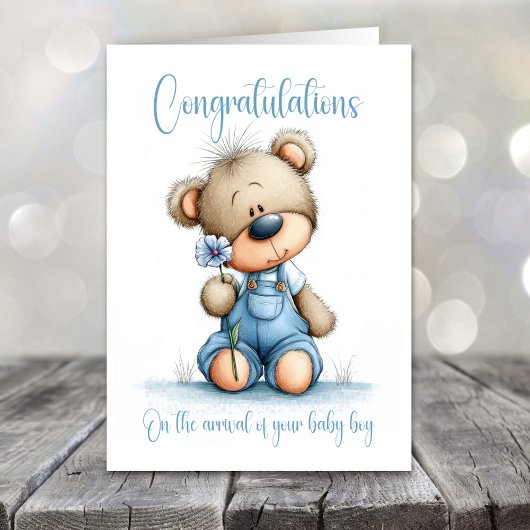 New Baby Boy Congratulations Teddy Bear Card カード