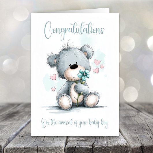 New Baby Boy Congratulations Teddy Bear Card カード
