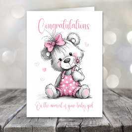 New Baby Girl Congratulations Teddy Bear Card カード
