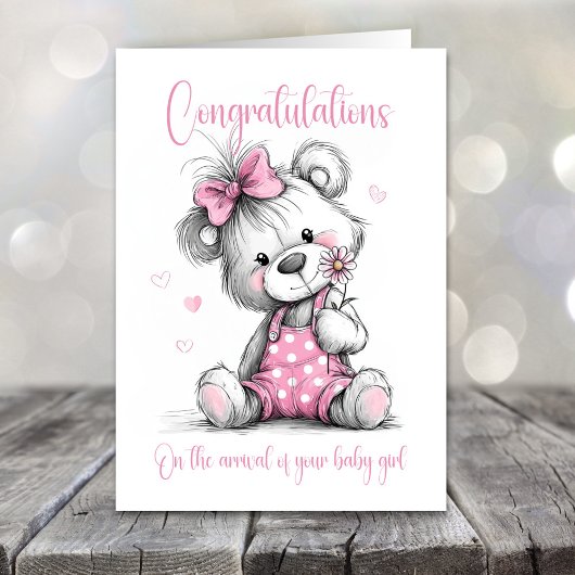 New Baby Girl Congratulations Teddy Bear Card カード
