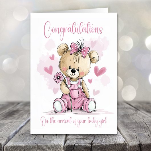 New Baby Girl Congratulations Teddy Bear Card カード