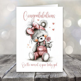 New Baby Girl Congratulations Teddy Bear Card カード