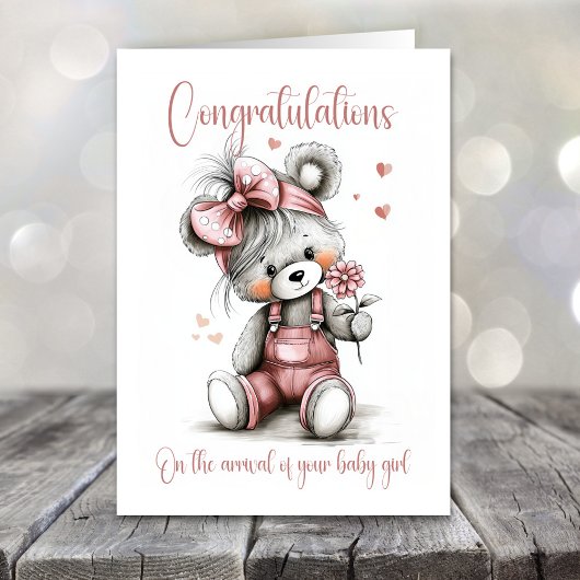 New Baby Girl Congratulations Teddy Bear Card カード