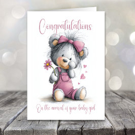 New Baby Girl Congratulations Teddy Bear Card カード