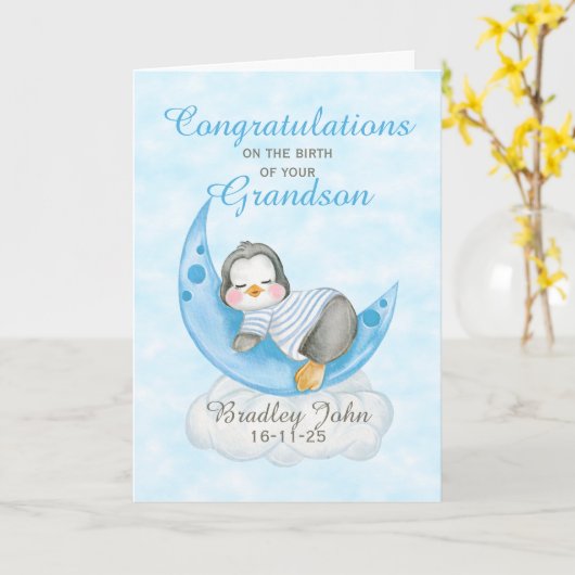 New Baby Grandson  Blue Penguin Moon カード (黄色い花)