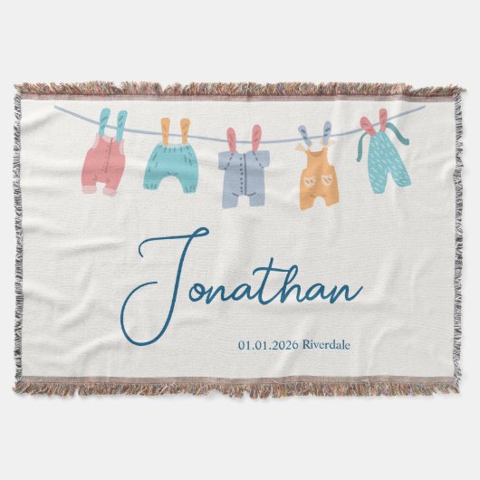 New Baby, Name, Date, Minimal Cute Clothline スローブランケット (正面)