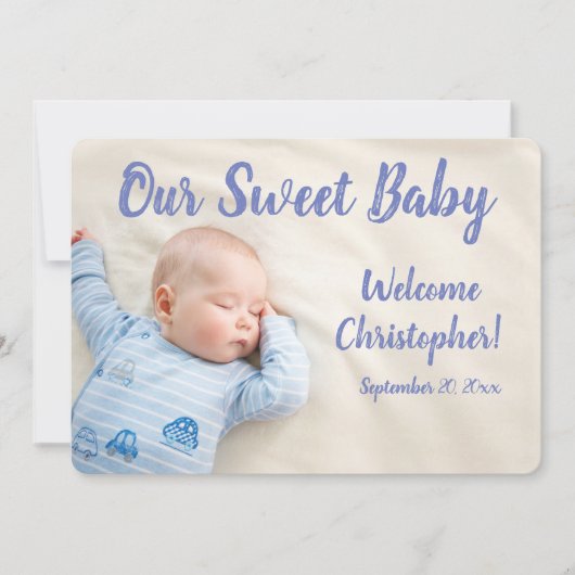 New Baby Photo With Name Blue  案内状 (正面)