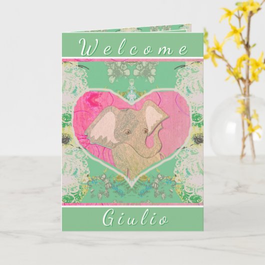 New Baby w/Elephant Folded Greeting Card カード (黄色い花)