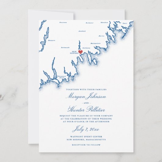 New Bedford MA Map Elegant Navy Blue Wedding 招待状 (正面)