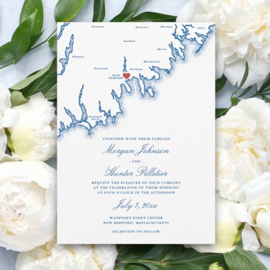 New Bedford MA Map Elegant Navy Blue Wedding 招待状