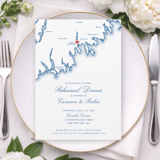 New Bedford MA Map Wedding Rehearsal Dinner 招待状