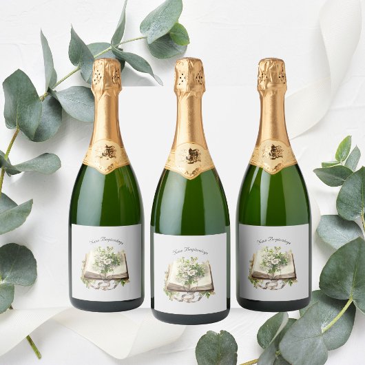 New Beginningsフローラオープンブック結婚ズ スパークリングワインラベル