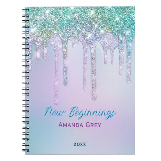 New beginnings Aqua Turquoise Drips monogram ノートブック (正面)