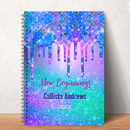 New beginnings blue ombre glitter drips monogram ノートブック