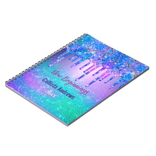 New beginnings blue ombre glitter drips monogram ノートブック (左側)