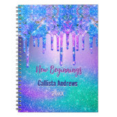 New beginnings blue ombre glitter drips monogram ノートブック (正面)