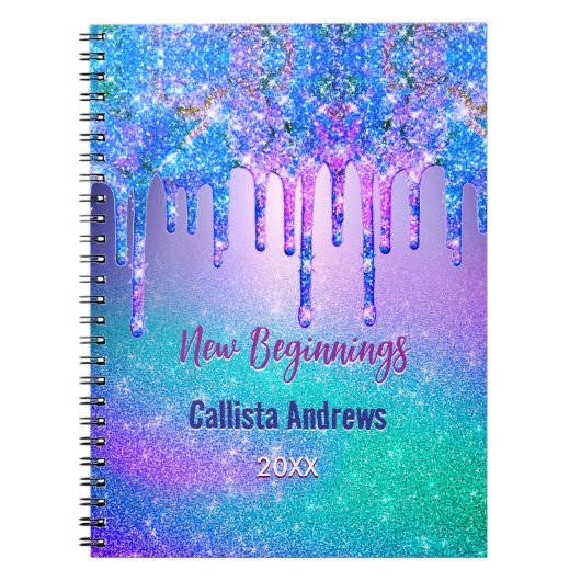 New beginnings blue ombre glitter drips monogram ノートブック (正面)