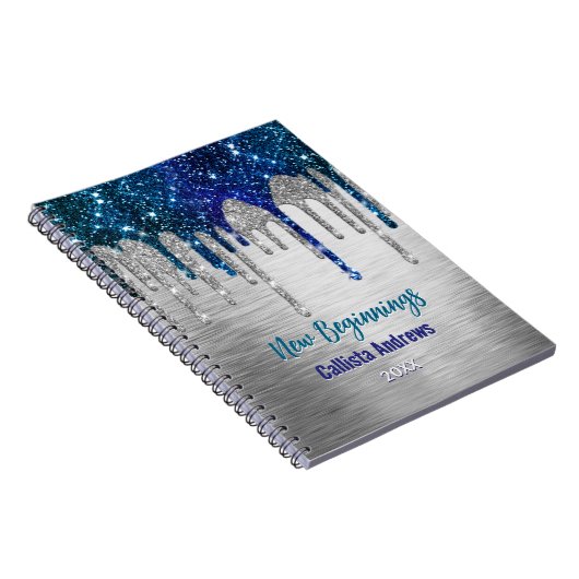 New beginnings Blue silver glitter Drips monogram ノートブック (右側)
