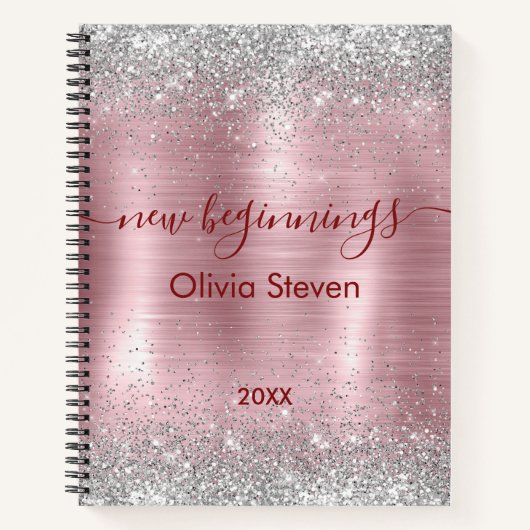 new beginnings blush silver faux glitter large ノートブック (正面)