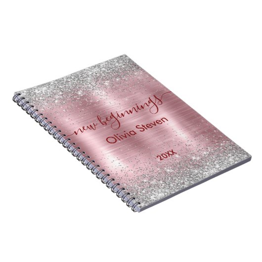 new beginnings blush silver faux glitter monogram ノートブック (右側)