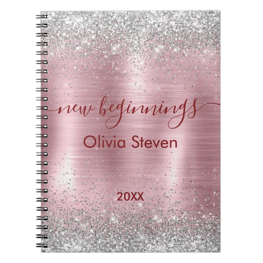 new beginnings blush silver faux glitter monogram ノートブック (正面)