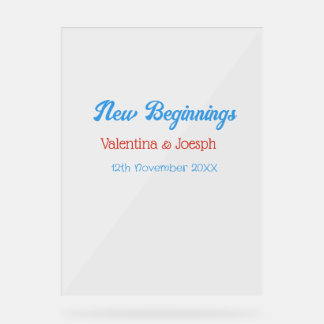 new beginnings couple wedding name date blue retro アクリルサイン