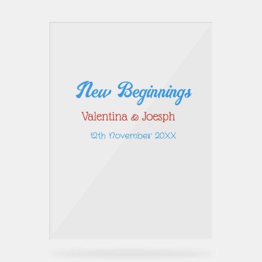new beginnings couple wedding name date blue retro アクリルサイン (正面)