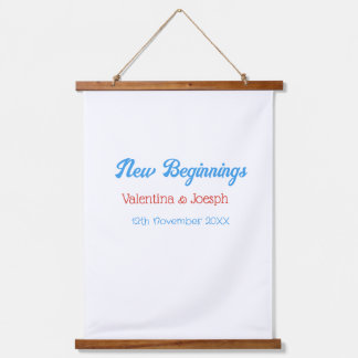new beginnings couple wedding name date blue retro 吊り下げ型タペストリー