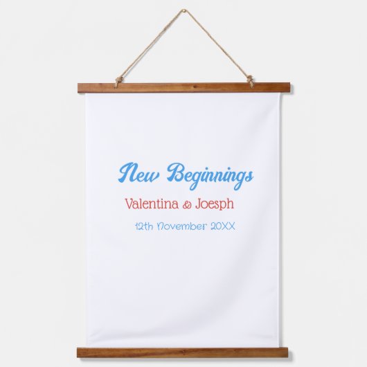 new beginnings couple wedding name date blue retro 吊り下げ型タペストリー (正面)