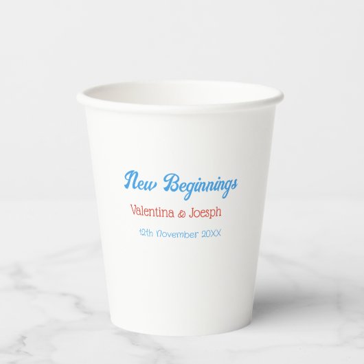 new beginnings couple wedding name date blue retro 紙コップ (正面)