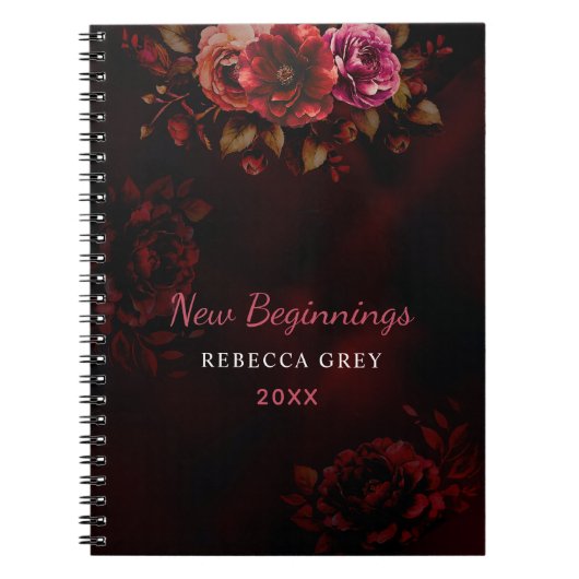 New beginnings dark red black floral ノートブック (正面)