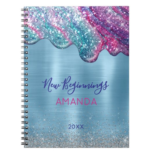 New beginnings dusty blue purple drips monogram ノートブック (正面)