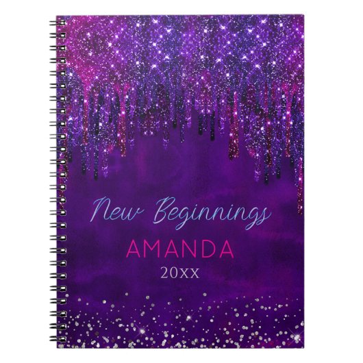 New beginnings Purple faux glitter Drips custom ノートブック (正面)