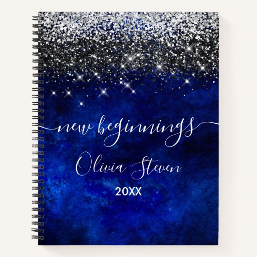 New beginnings royal blue  faux glitter large ノートブック (正面)