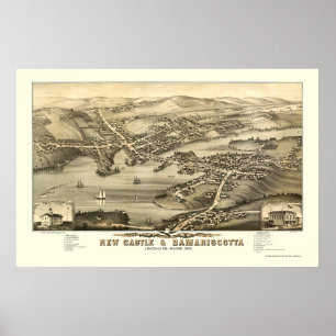 New Castle & Damariscotta, MEパノラママップ – 1878 ポスター