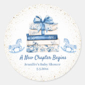 new chapter begins,blue bow books baby shower chic ラウンドシール (正面)