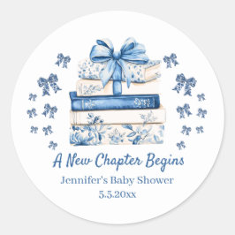 new chapter begins,blue bow books baby shower cute ラウンドシール