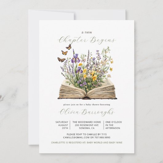 New Chapter Begins Book Wildflowers Baby Shower 招待状 (正面)