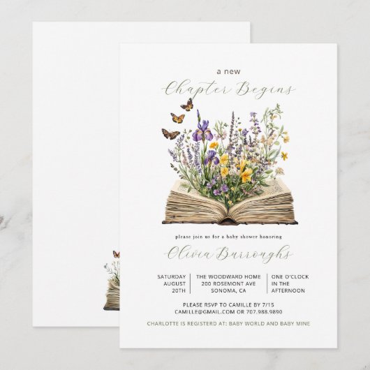 New Chapter Begins Book Wildflowers Baby Shower 招待状 (正面/裏面)