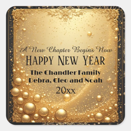 New Chapter Begins Now Midnight Gold Faux New Year スクエアシール (正面)