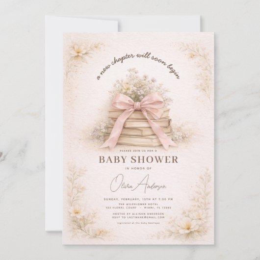 New Chapter Begins Pink Bow Books Baby Shower 招待状 (正面)