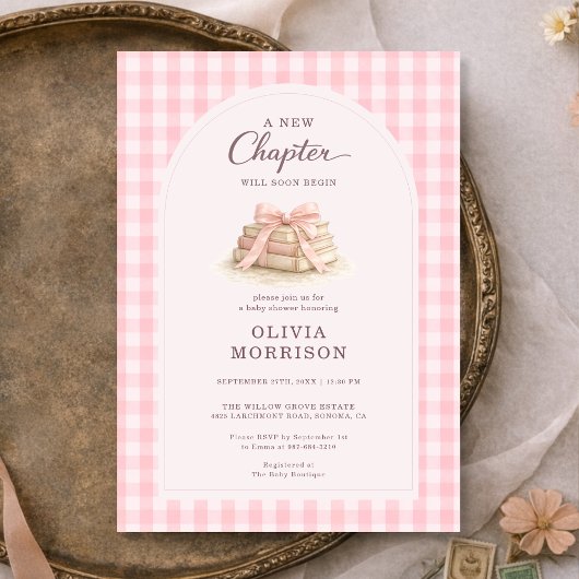 New Chapter Begins Pink Gingham Baby Shower 招待状